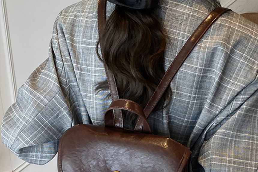 Buckle Leather Backpack Faux Flap