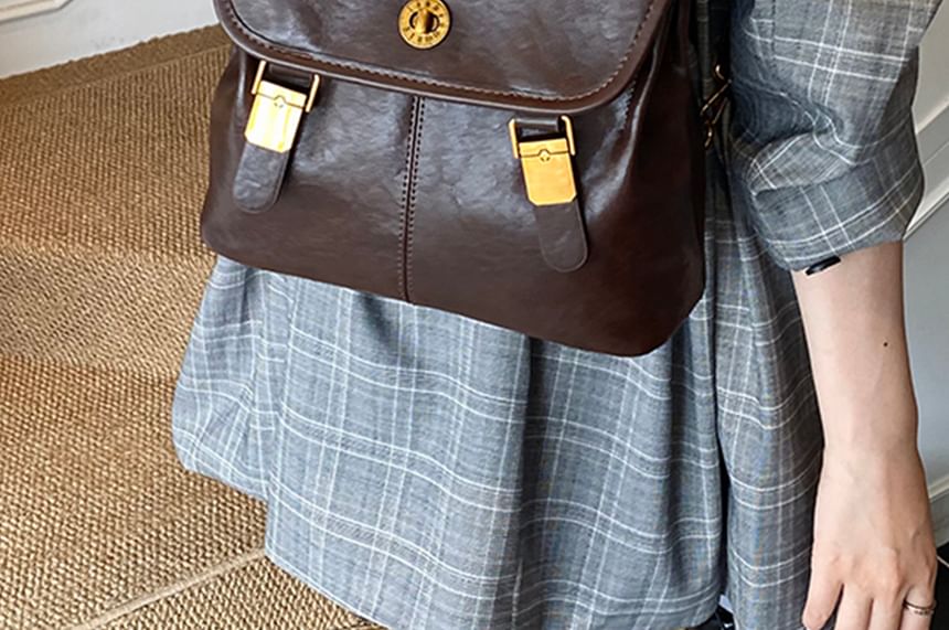 Buckle Leather Backpack Faux Flap