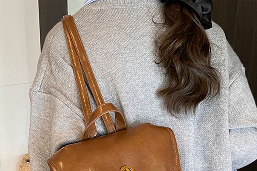 Buckle Leather Backpack Faux Flap