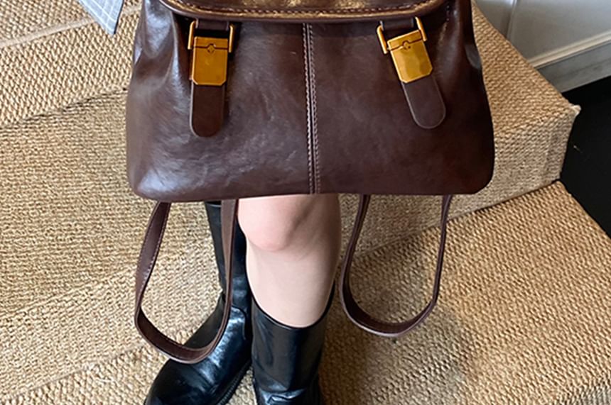 Buckle Leather Backpack Faux Flap