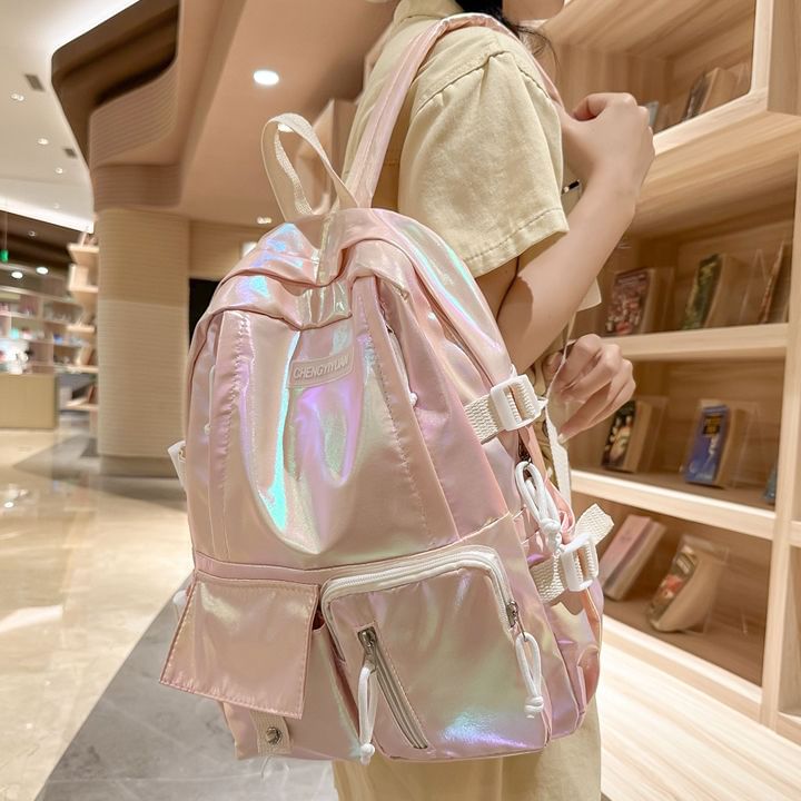 Buckled Leather Holographic Faux Backpack