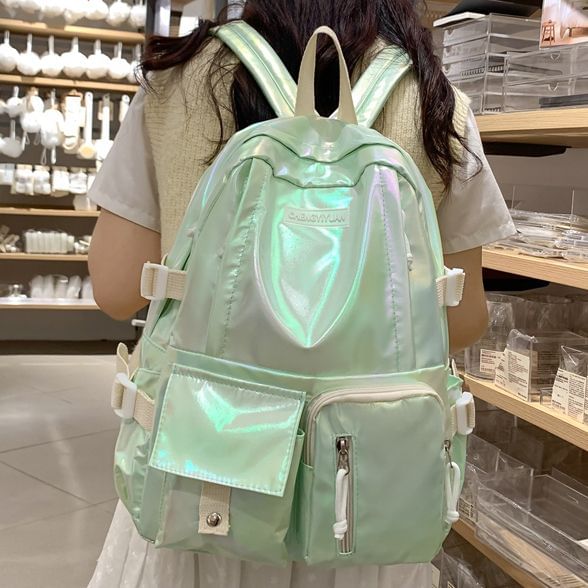 Buckled Leather Holographic Faux Backpack