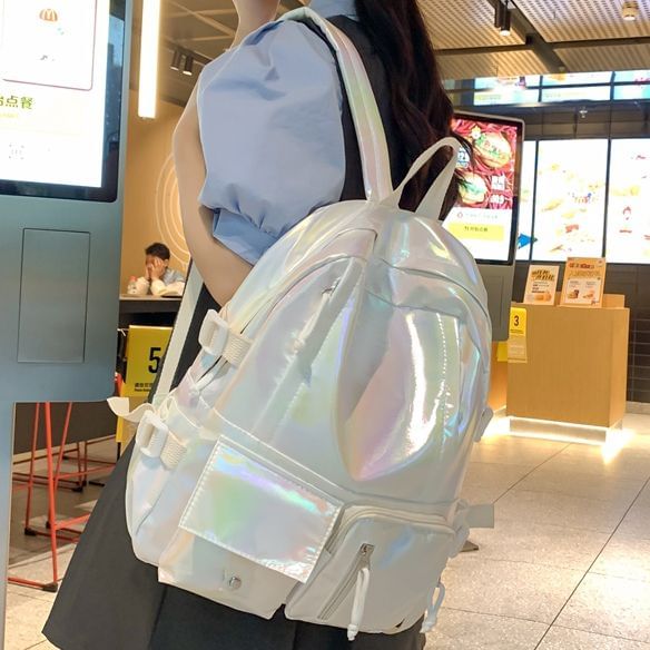 Buckled Leather Holographic Faux Backpack