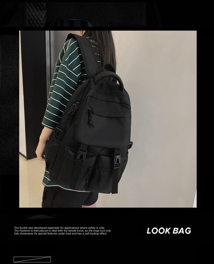 Buckled Nylon Plain Backpack