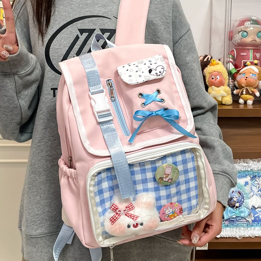 Backpack Nylon PVC Panel Ribbon Gingham Buckled
