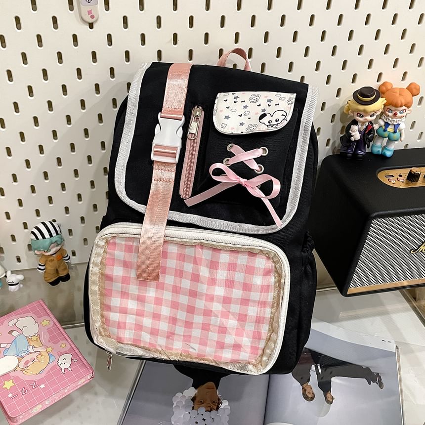 Backpack Nylon PVC Panel Ribbon Gingham Buckled