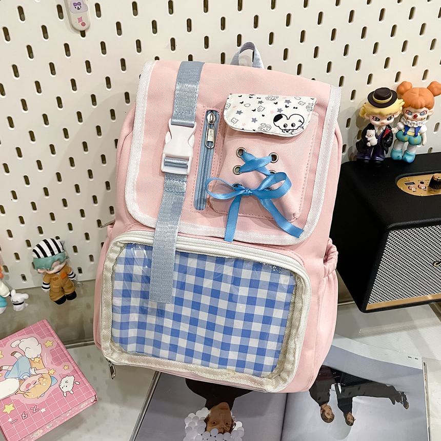 Backpack Nylon PVC Panel Ribbon Gingham Buckled