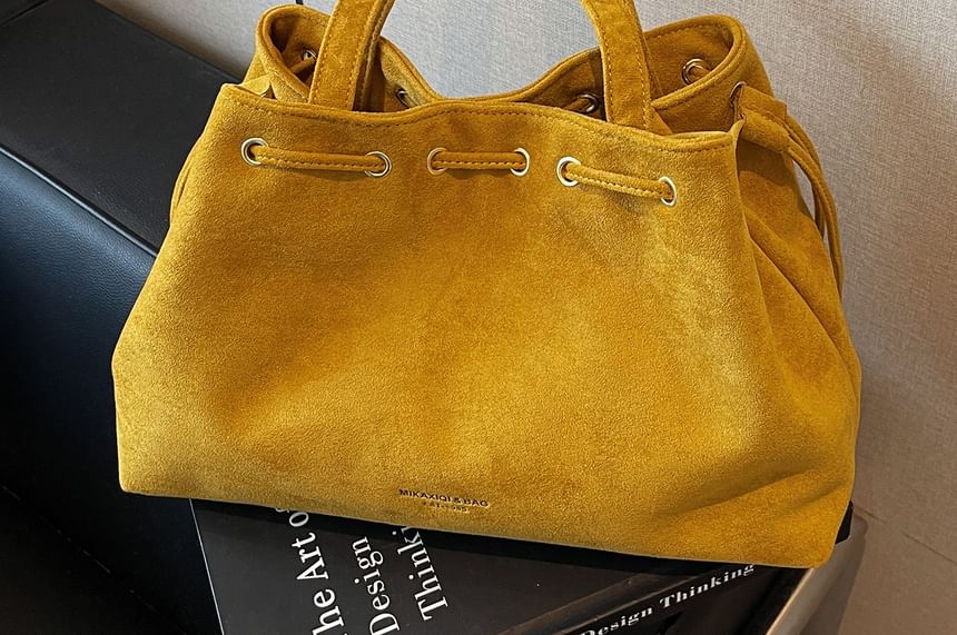 Drawstring Suede Faux Tote Plain Bag