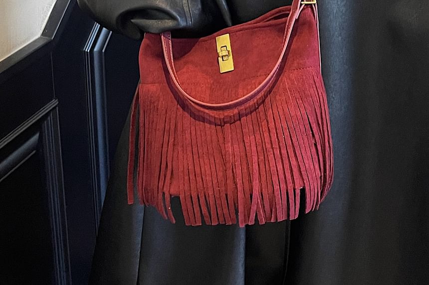 Faux Crossbody Pouch Fringe Plain Bag With Suede