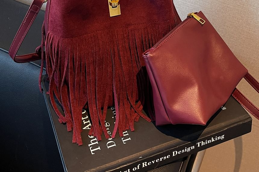Faux Crossbody Pouch Fringe Plain Bag With Suede