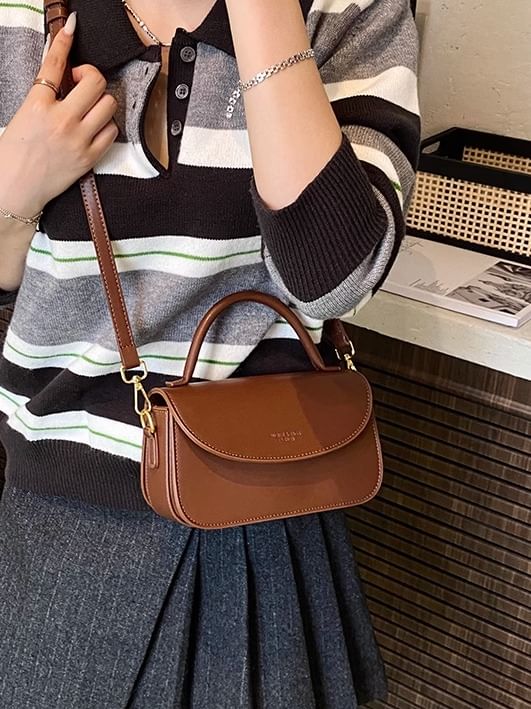 Flap Leather Top Faux Bag Plain Handle Crossbody