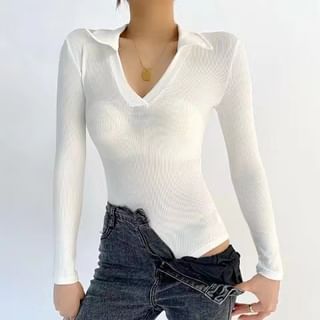 Long-Sleeve Plain Ribbed Polo-Neck Bodysuit Top