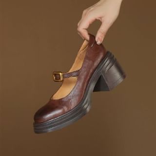 Sample Chunky Heel Plain Buckled Faux Leather Mary Jane Shoes
