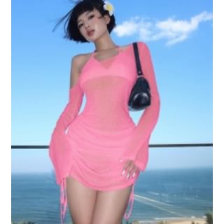 Drawstring Tee Plain Long-Sleeve One-Shoulder Sheer