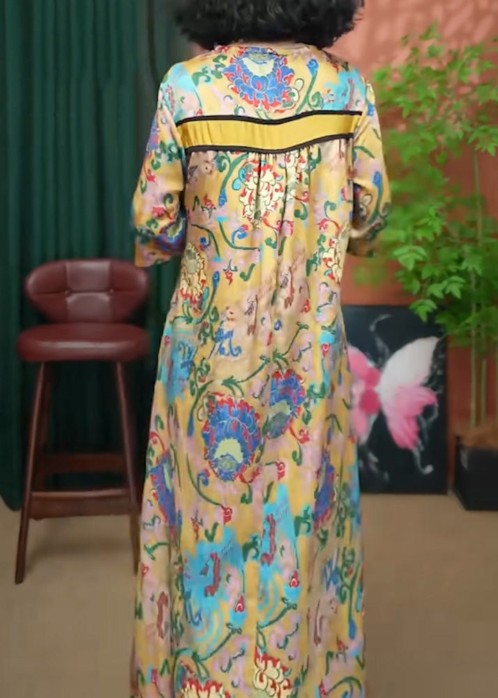 Loose Yellow V Neck Print Cotton Long Dresses Summer