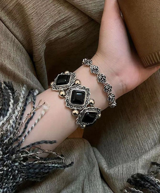 Sterling Gem Stone Set Two-Piece Chain Bracelet Modern Silver Black Floral