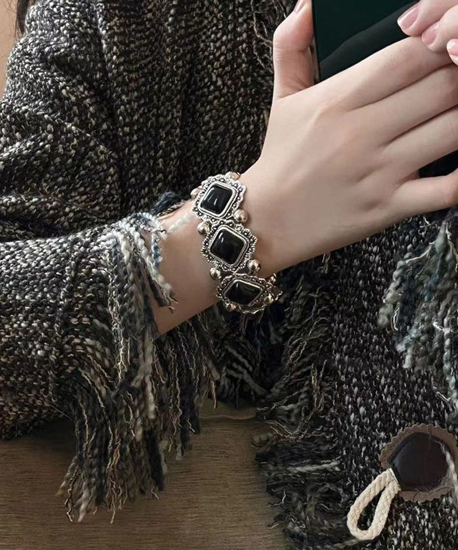 Sterling Gem Stone Set Two-Piece Chain Bracelet Modern Silver Black Floral