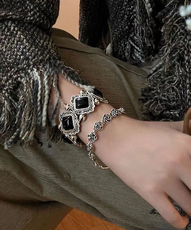 Sterling Gem Stone Set Two-Piece Chain Bracelet Modern Silver Black Floral