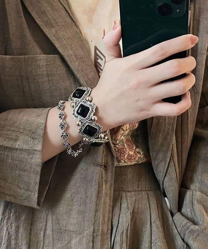 Sterling Gem Stone Set Two-Piece Chain Bracelet Modern Silver Black Floral