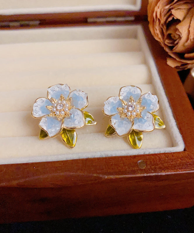Zircon Pearl Modern Stud Sterling Overgild Camellia Silver Earrings Blue