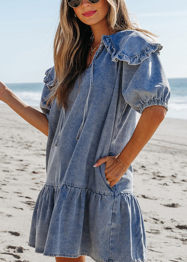 Collar Blue Mid Denim Dresses Sailor Summer Natural Patchwork