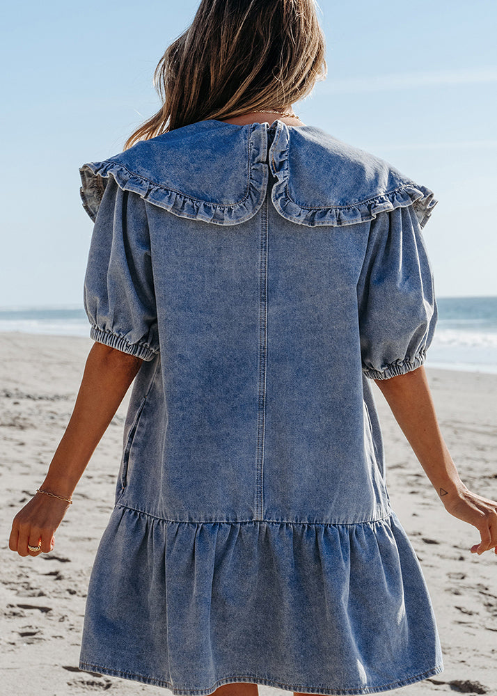 Collar Blue Mid Denim Dresses Sailor Summer Natural Patchwork