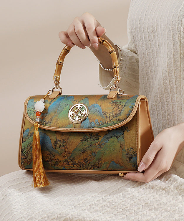 Style Print Tassel Chinese Tote Leather Bag New Calf