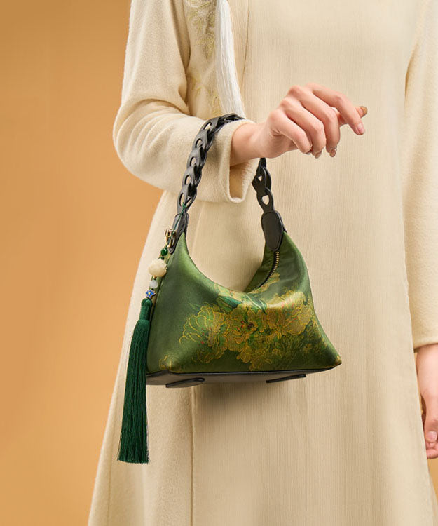 Tote Tassel Green Retro New Print Blackish Bag Silk