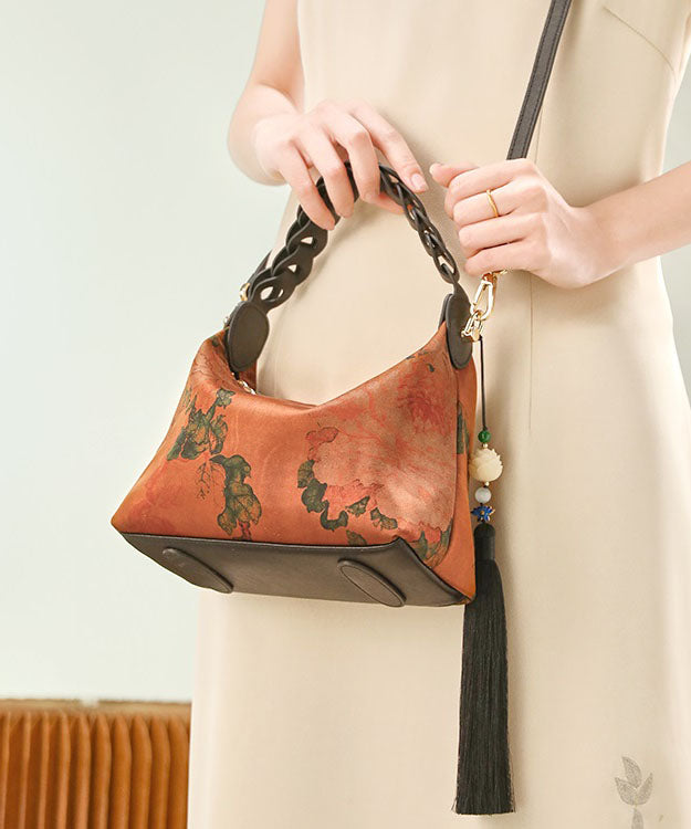 Tote Tassel Green Retro New Print Blackish Bag Silk