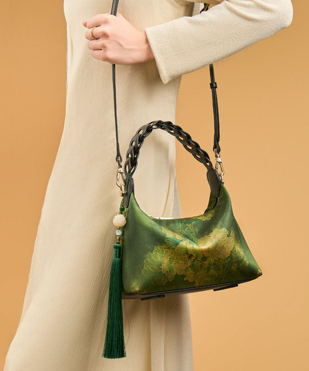 Tote Tassel Green Retro New Print Blackish Bag Silk