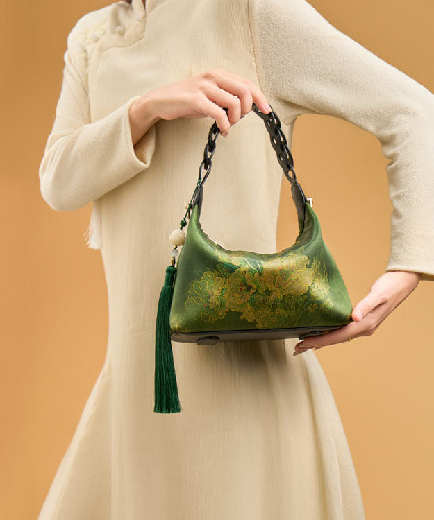 Tote Tassel Green Retro New Print Blackish Bag Silk