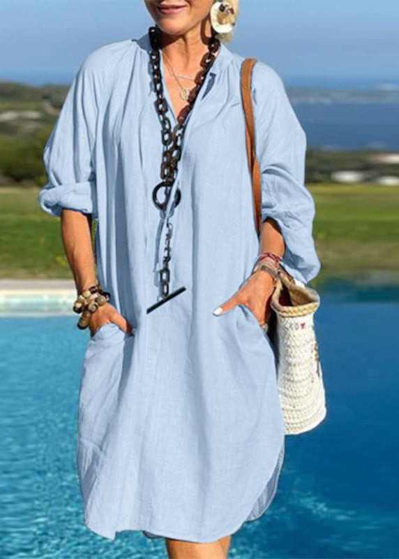 SampleOrganic Light Blue V Neck Patchwork Pockets Vacation Mid Dresses Fall