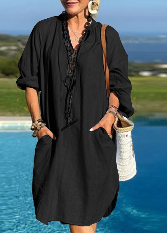 SampleOrganic Light Blue V Neck Patchwork Pockets Vacation Mid Dresses Fall
