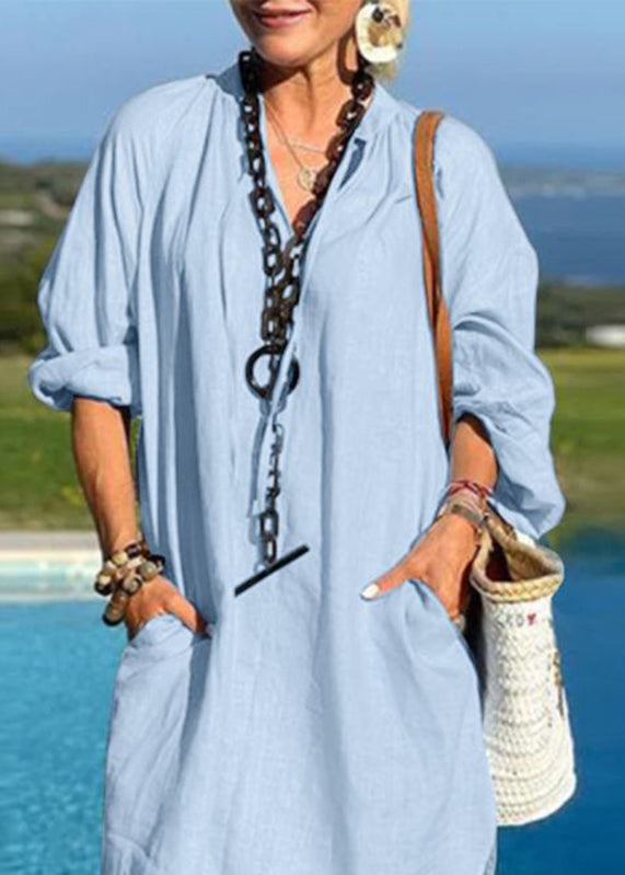 SampleOrganic Light Blue V Neck Patchwork Pockets Vacation Mid Dresses Fall