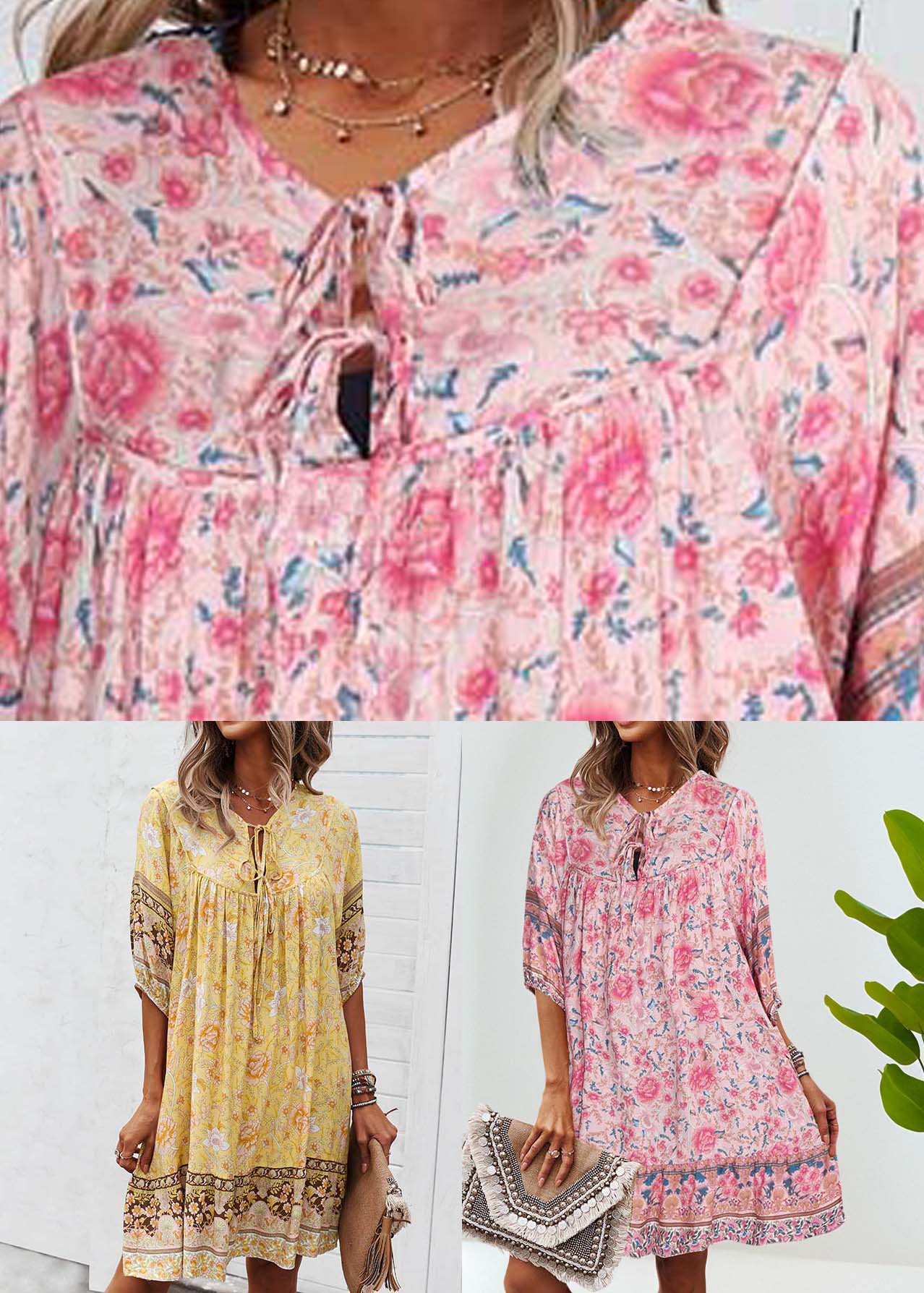 Patchwork Dress Mid Wrinkled Pink Summer Holiday Organic