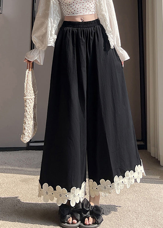 SampleOriginal Design Black Floral Patchwork Cotton Wide Leg Pants Summer