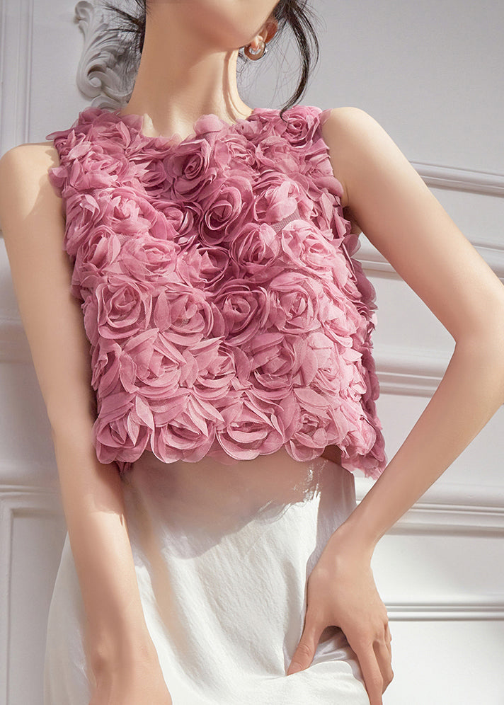 Design Sleeveless Vests Tulle Original Floral Pink