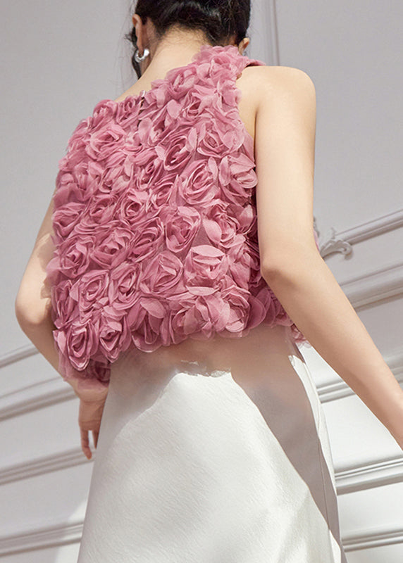 Design Sleeveless Vests Tulle Original Floral Pink