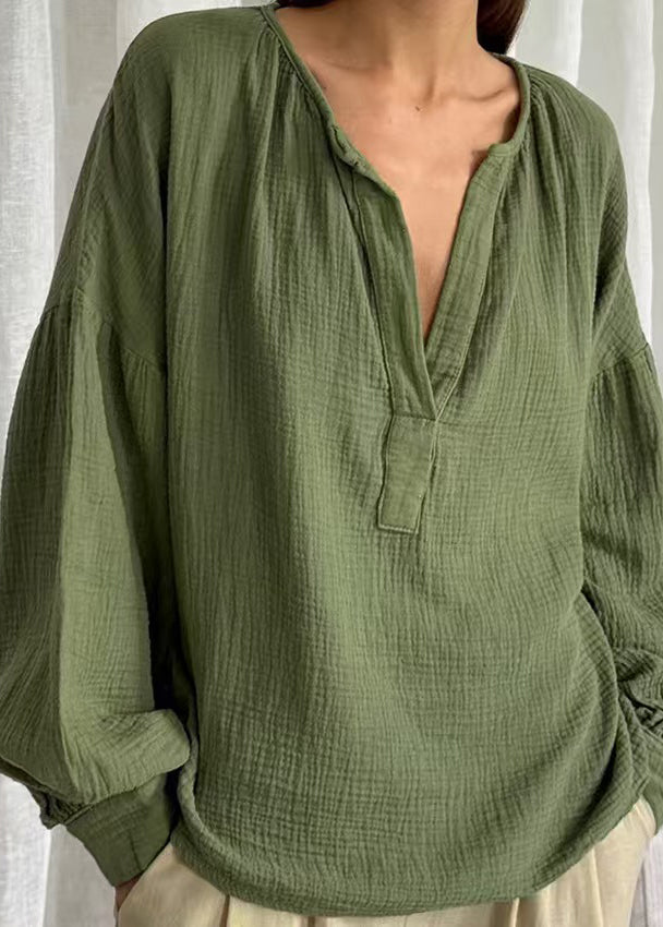 Tops Fall Patchwork V Plus Size Neck Green Solid