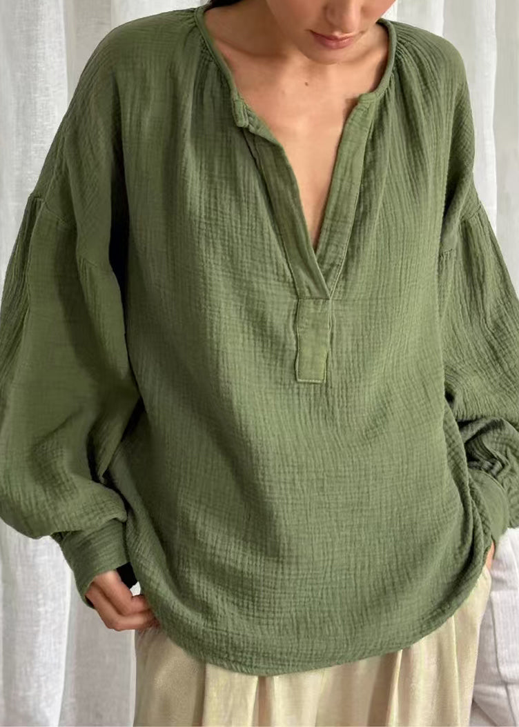 Tops Fall Patchwork V Plus Size Neck Green Solid