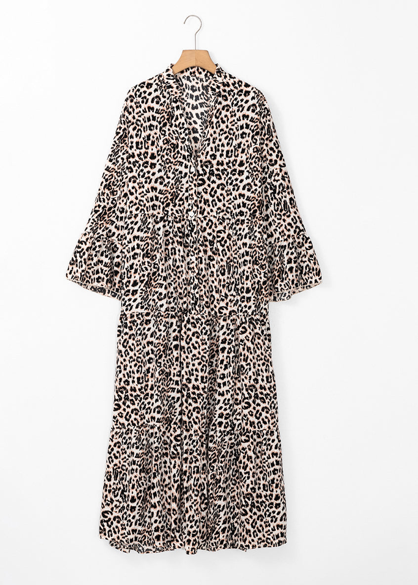 Neck Fall Dress Maxi Leopard Size Plus V Patchwork