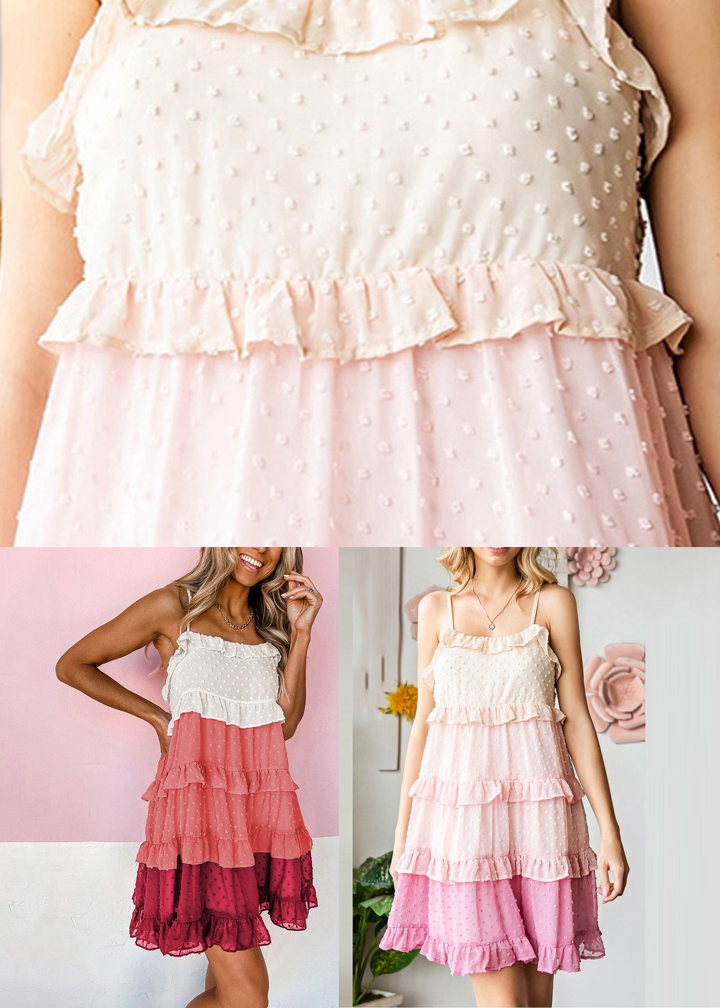 Summer Spaghetti Red Patchwork Ruffled Chiffon Dresses Mid Strap