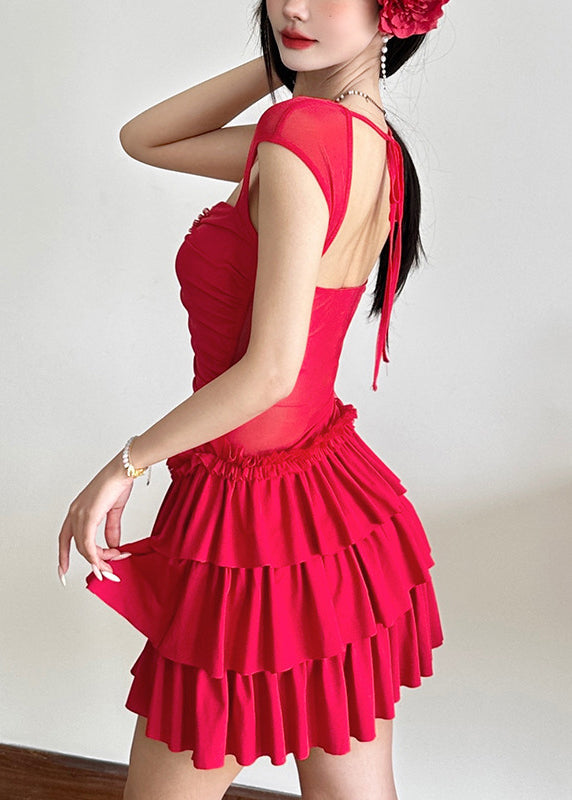 Wholesale SampleRed Ruffled Patchwork Mid Dresses Short Sleeve