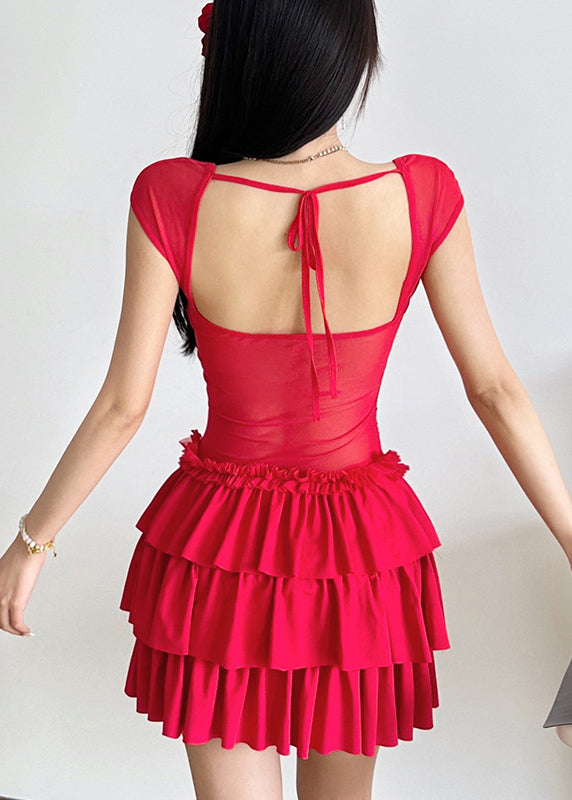 Wholesale SampleRed Ruffled Patchwork Mid Dresses Short Sleeve
