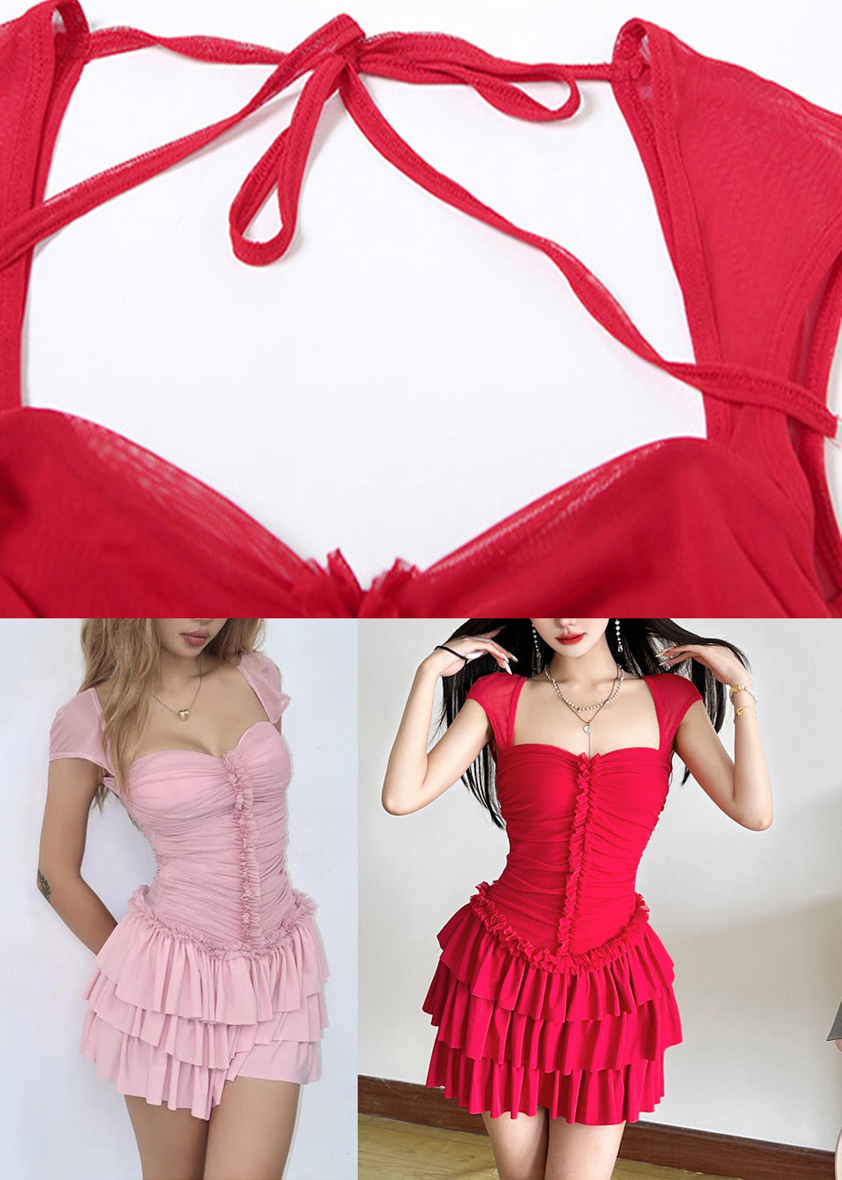 Red Ruffled Patchwork Mid Dresses Short Sleeve