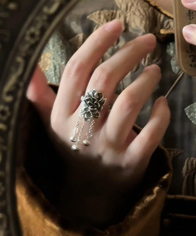 Silver Retro Silk Peony Rings Tassel Sterling