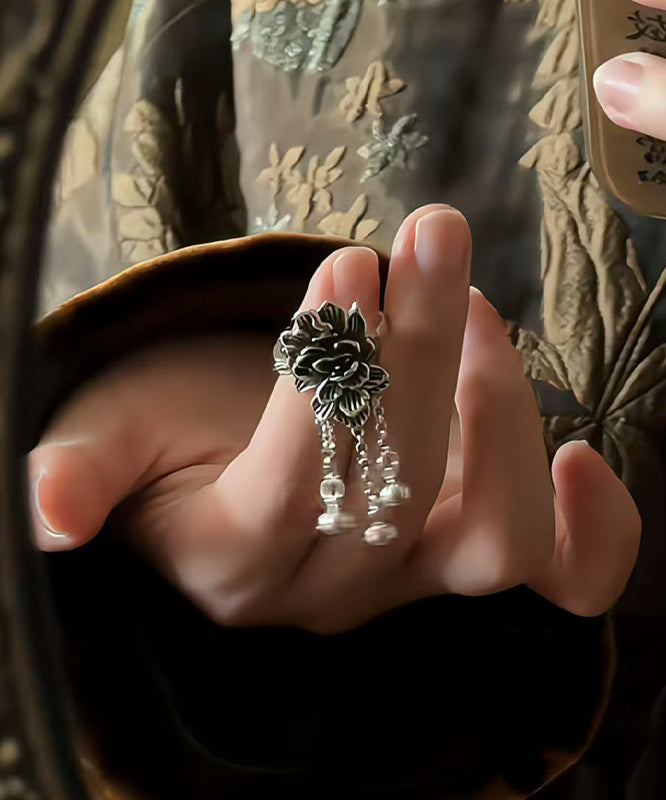 Silver Retro Silk Peony Rings Tassel Sterling