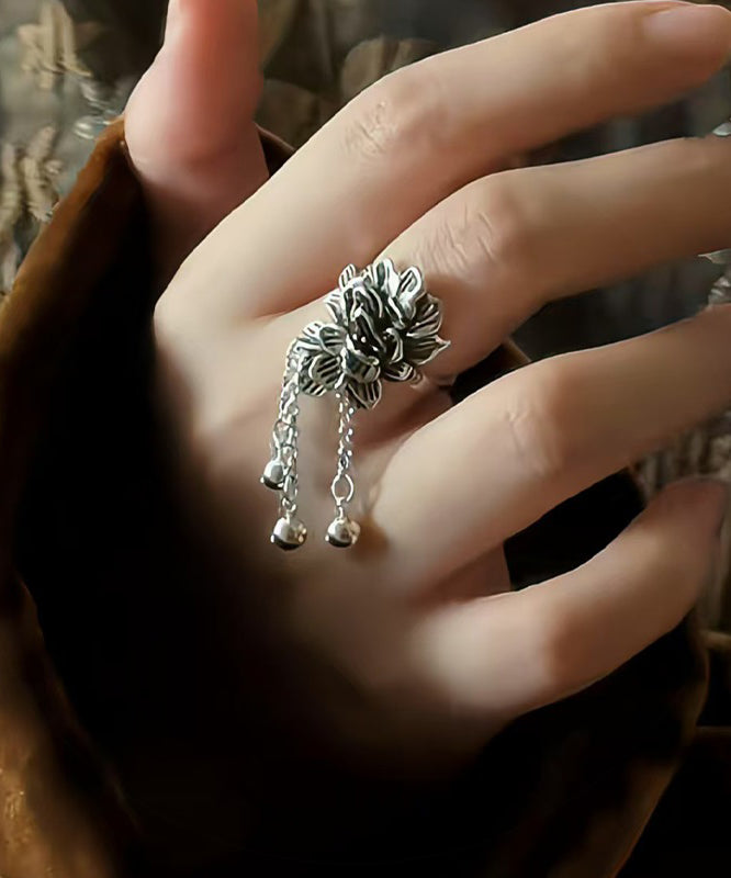 Silver Retro Silk Peony Rings Tassel Sterling