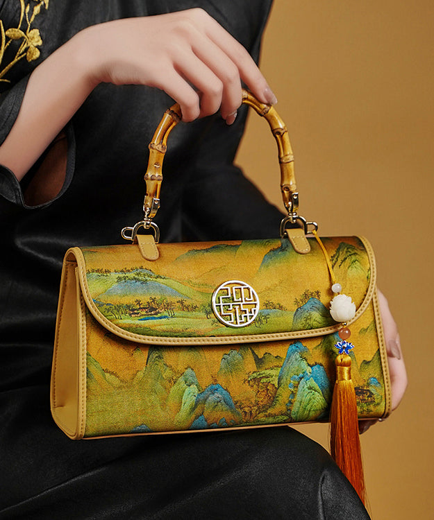 Tote Bag Retro Print Yellow Decorated Tassel Silk
