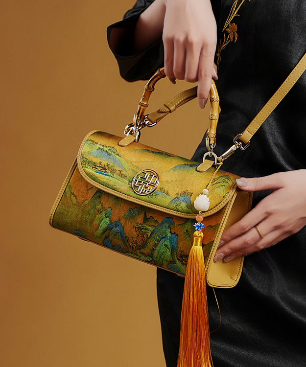 Tote Bag Retro Print Yellow Decorated Tassel Silk